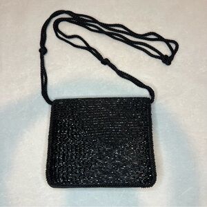 Diane Von Furstenberg Black Satin Beaded Crossbody Evening Bag Clutch Purse